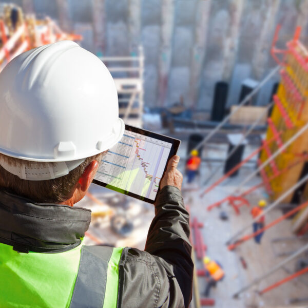 Man using ERP software on Tablet at Job Site image