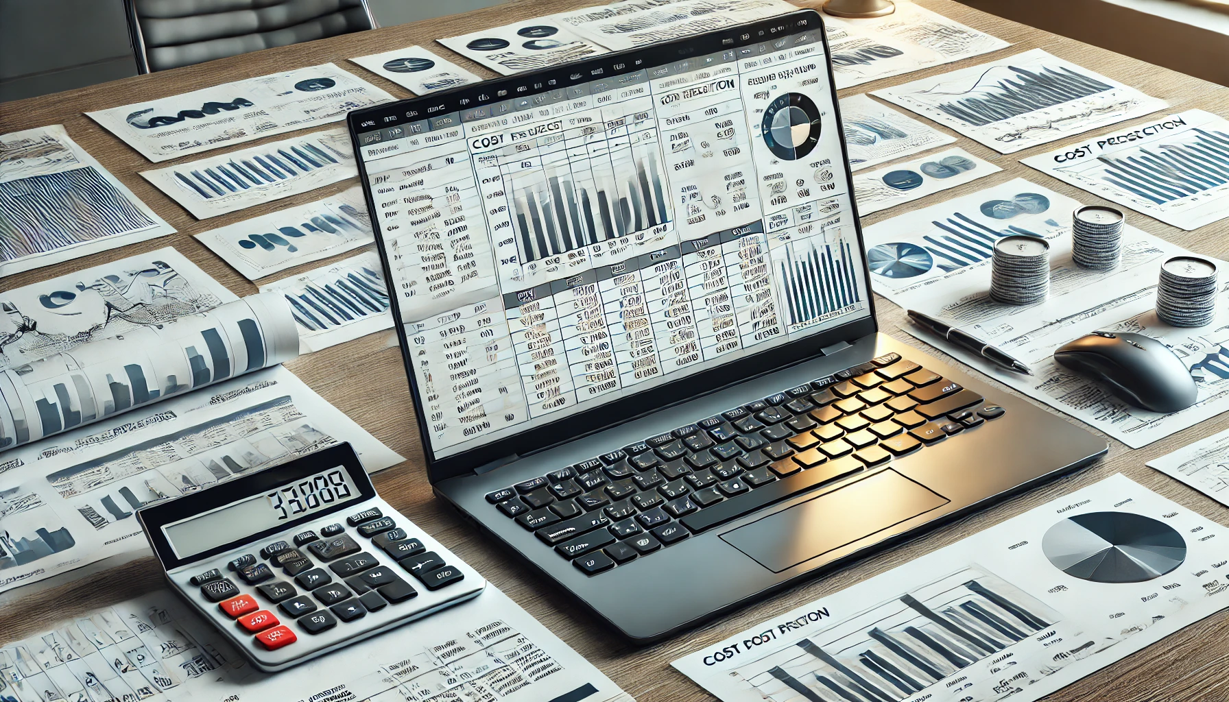 Professional image of cost projection using excel on an open laptop.